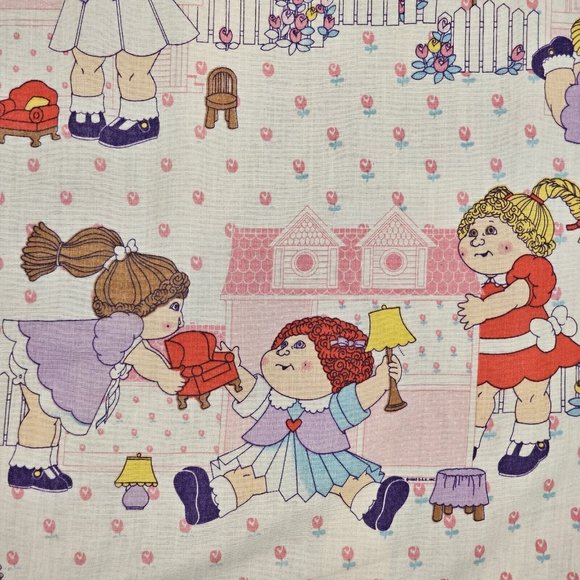 Vintage Cabbage Patch Kids Twin Bed Sheet 66 X 94 Fabric Upcycle White Pink - Picture 4 of 9